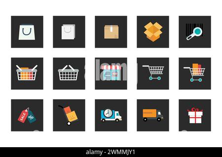 Vektorsammlung farbenfroher, flacher E-Commerce-Optimierungssymbole mit Farbe. Designelemente für Mobil- und Webanwendungen. Stock Vektor