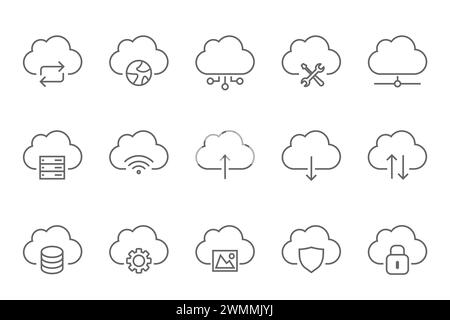 Satz von 15 Zeilensymbolen für Datenaustausch, Datenverkehr, Dateien, Cloud, Server. Sammlung von Gliederungssymbolen. Bearbeitbare Kontur. Vektorabbildung Stock Vektor