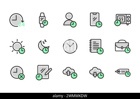 E-Commerce-Satz von Web-Symbolen, dünne Umrisse, grüne Symbole. Online-Shopping-Symbole für Web- und mobile App. Vektorabbildung Stock Vektor