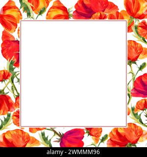 Aquarellquadratischer Rahmen mit Mohnblumen, handgezeichnete rote Feldblumen, Sommerillustration der scharlachroten Blumen isoliert auf weißem Hintergrund, Vorlage für Stockfoto