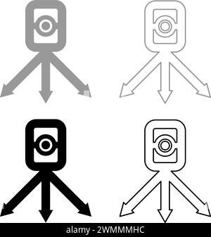 Theodolith-Messgeräte für Messungen an Stativ-geodätischen Geräten Tacheometer Forschungsebene Instrument Geodäsie-Werkzeugsatz Symbol grau schwarz Stock Vektor