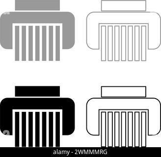 Aktenvernichter vertraulich Papierschleifer Dokument Bürowerkzeuge Set Symbol grau schwarz Farbe Vektor Illustration Bild einfache Vollfüllung Umrisskontur Stock Vektor