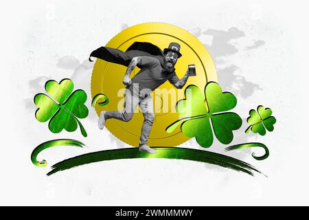 Collage schwarz weiß Gamma-Bild des fröhlichen fröhlichen Mannes tragen Mantel laufen feiern saint patrick Tag isoliert auf gemalten Hintergrund Stockfoto