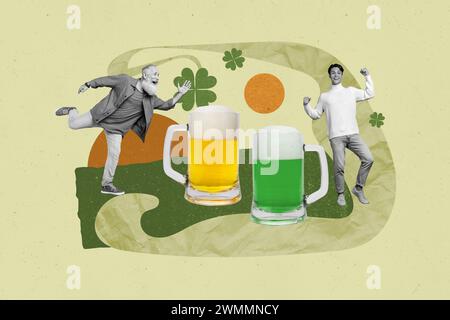Collage Banner Bild von lächelnden sorglosen Menschen haben Spaß Disco riesige Bierbecher feiern St Patcrick Tag isoliert auf Zeichnung Hintergrund Stockfoto