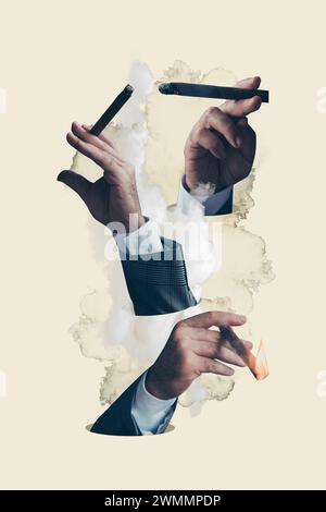 Vertikale kreative Composite-Skizze Foto-Collage von Geschäftsmanns Hände rauchen teure Zigarren bei Treffen isoliert auf gemalten Hintergrund Stockfoto