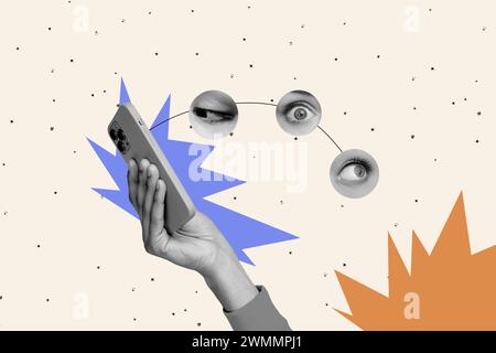 Composite 3D Foto Artwork Grafik Collage von Hand halten iphone Hülle Kamera Benutzer Internet Online Surf Scroll Augen Emotionen Überraschung isoliert auf Stockfoto