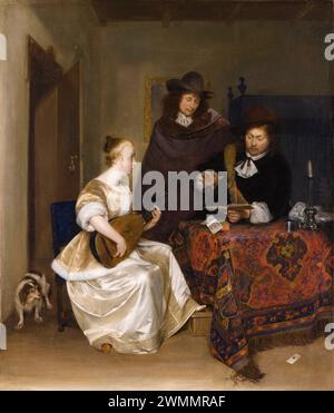 Gerard ter Borch, Eine Frau, die eine Laute für zwei Männer spielt, Gemälde in Öl auf Leinwand, 1667-1668 Stockfoto