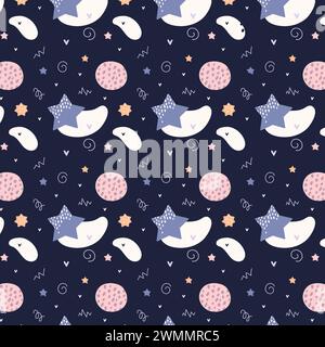 Böhmisches Babymuster. Nahtloses Babymuster im Boho-Stil. Böhmisches Muster für Kinder mit organischen Formen und Sternen auf blauem Hintergrund. Stock Vektor