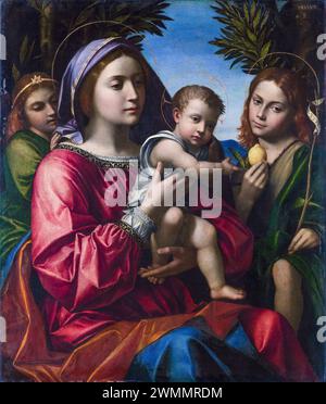 Paolo Morando Cavazzola Gemälde, die Jungfrau und das Kind, der heilige Johannes der Täufer und ein Engel, Öl auf Leinwand, 1514-1518 Stockfoto