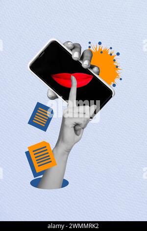 Vertikales Foto Collage Bild Frau Lippen Hand zeigt shh Stille Geste sei ruhig Smartphone Gesicht Fragment Karikatur Zeichnung Hintergrund Stockfoto