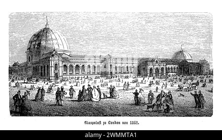 Der Crystal Palace von 1851, ein Wunder der Ingenieurskunst und des Designs, wurde in London für die große Ausstellung der Werke der Industrie aller Nationen errichtet. Der von Prinz Albert entworfene und von Sir Joseph Paxton entworfene Crystal Palace war eine kolossale Struktur aus Eisen und Glas, die die technologischen Fortschritte der industriellen Revolution verkörperte. Es beherbergte tausende Ausstellungen mit Innovationen und Kunst aus der ganzen Welt, die den Geist des Fortschritts und der Zusammenarbeit der Ära symbolisieren. Obwohl es ursprünglich im Hyde Park lag, wurde es später nach Sydenham Hill verlegt Stockfoto