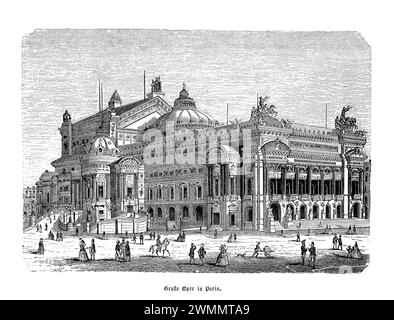 Das Palais Garnier in Paris, auch bekannt als Opéra Garnier, ist ein architektonisches Wunderwerk und ein Wahrzeichen des reichen kulturellen Erbes der Stadt. Erbaut von 1861 bis 1875 für die Pariser Oper vom Architekten Charles Garnier, ist es ein Meisterwerk des Beaux-Arts-Stils, das klassische und barocke Elemente verbindet. Der vordere Blick auf das Palais Garnier offenbart seine prächtige Fassade mit komplizierten Skulpturen, Säulen und Friesen, die die Opulenz und Pracht des Zweiten Reiches verdeutlichen. Das elegante Äußere mit Marmorfriesen, Bronzeskulpturen und goldenen Statuen Stockfoto