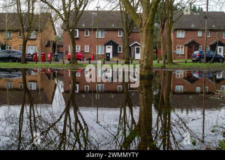 Colnbrook, Slough, Berkshire, Großbritannien. Februar 2024. Hochwasser aus dem Colne Brook in Colnbrook, Slough, Berkshire. Für den Colne Brook in Iver und Colnbrook in Berkshire gibt es einen Hochwasseralarm. Quelle: Maureen McLean/Alamy Live News Stockfoto