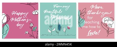 Bunte Grußkarten-Kollektion für den Muttertag. Vektorlinie Kunstdesign mit Frühlingsblumen. Stock Vektor