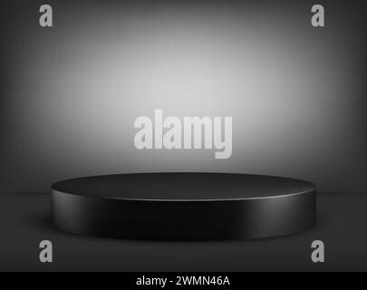 Schwarzer leerer runder Sockel. Schwarzes rundes Podium, Werbeträger auf dunklem Hintergrund. Stock Vektor