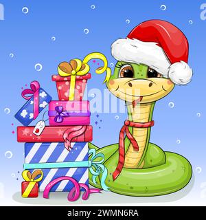Süße grüne Cartoon-Schlange mit Weihnachtsmütze und Geschenken. Weihnachtsvektor-Illustration des Tieres auf dem blauen Hintergrund. Stock Vektor
