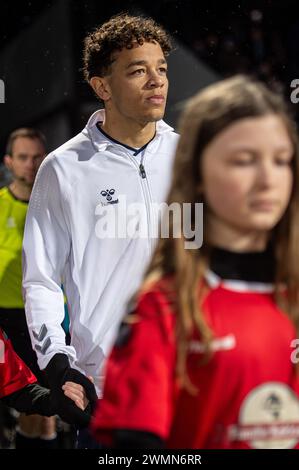 Aarhus, Dänemark. Februar 2024. Mikael Anderson von AGF wurde während des 3F Superliga-Spiels zwischen Aarhus GF und FC Midtjylland im Ceres Park in Aarhus gesehen. (Foto: Gonzales Foto - Morten Kjaer). Stockfoto