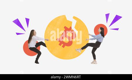 Moderne ästhetische Kunstwerke. Zwei Frauen können sich nicht in lässiger Kleidung teilen, gebrochenes Münzsymbol mit geometrischen Formen dahinter. Stockfoto