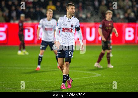 Aarhus, Dänemark. Februar 2024. Patrick Mortensen (9) von AGF wurde während des 3F Superliga-Spiels zwischen Aarhus GF und FC Midtjylland im Ceres Park in Aarhus gesehen. (Foto: Gonzales Foto - Morten Kjaer). Stockfoto