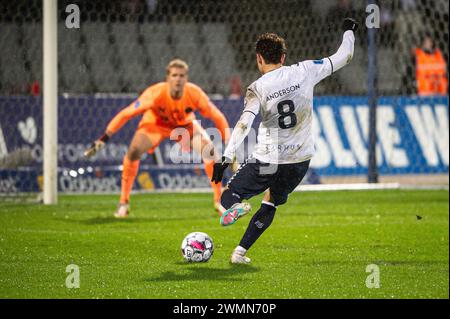 Aarhus, Dänemark. Februar 2024. Mikael Anderson (8) von AGF wurde während des 3F Superliga-Spiels zwischen Aarhus GF und FC Midtjylland im Ceres Park in Aarhus gesehen. (Foto: Gonzales Foto - Morten Kjaer). Stockfoto