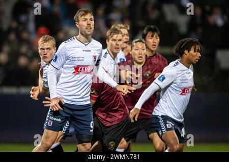 Aarhus, Dänemark. Februar 2024. Patrick Mortensen (9) von AGF wurde während des 3F Superliga-Spiels zwischen Aarhus GF und FC Midtjylland im Ceres Park in Aarhus gesehen. (Foto: Gonzales Foto - Morten Kjaer). Stockfoto