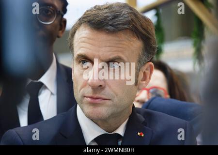 Paris, Frankreich. Februar 2024. Einweihung der 60. Landwirtschaftsausstellung durch den französischen Präsidenten Emmanuel Macron im Messezentrum in Paris. Stockfoto