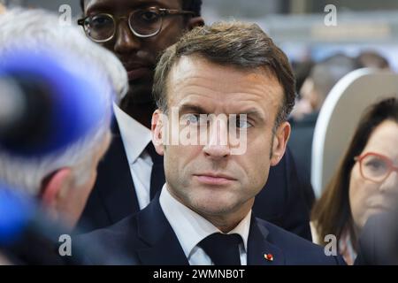 Paris, Frankreich. Februar 2024. Einweihung der 60. Landwirtschaftsausstellung durch den französischen Präsidenten Emmanuel Macron im Messezentrum in Paris. Stockfoto