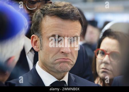Paris, Frankreich. Februar 2024. Einweihung der 60. Landwirtschaftsausstellung durch den französischen Präsidenten Emmanuel Macron im Messezentrum in Paris. Stockfoto