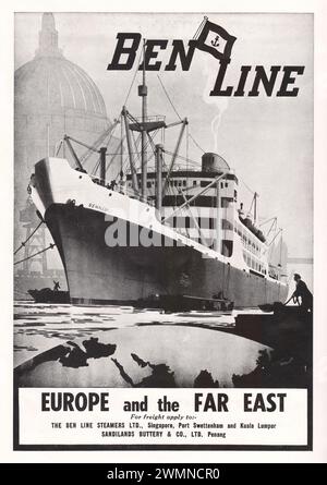 1960 Vintage Original volle Seite der Werbung typisch für die Zeit um die 1960er Jahre in der Straits Times Annual für Werbung für Ben Line Versand. Stockfoto