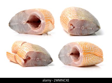 Rohe Schicht des gelben Croaker Fish auf weißem Hintergrund Stockfoto