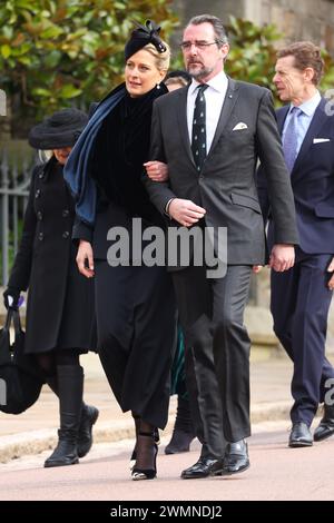 Prinzessin Tatiana von Griechenland und Dänemark und Prinz Nikolaos von Griechenland und Dänemark nehmen an einem Dankesgottesgottesdienst für das Leben von König Konstantin von den Hellenen in der St. George's Chapel in Windsor Castle, Berkshire, Teil. Bilddatum: Dienstag, 27. Februar 2024. Stockfoto