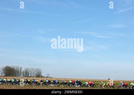 Dour, Belgien. Februar 2024. Die Gruppe von Fahrern, die am Dienstag, den 27. Februar 2024, 202 km von Quaregnon nach Dour beim „Grand Prix du Samyn“-Radrennen in Aktion gezeigt wurden, dem ersten (von 10) Rennen des Lotto Cycling Cup. BELGA FOTO DAVID PINTENS Credit: Belga News Agency/Alamy Live News Stockfoto