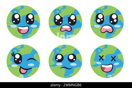 Planet Erde Globus Gesichtsausdruck Emoticon mit Augen und Mund Sammlung von Vektor-Cartoon Stock Vektor