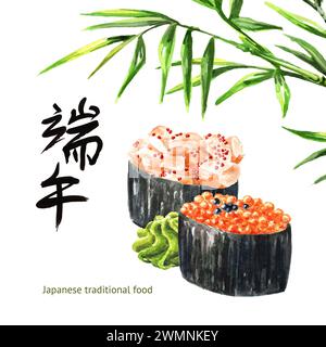 Japanische Gunkaner Maki Sushi. Handgezeichnete Aquarellillustration isoliert auf weißem Hintergrund Stockfoto