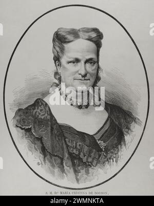 María Cristina de Borbón aus den beiden Sizilien (1806-1878). Königin von Spanien zwischen 1829 und 1833 durch Heirat mit König Ferdinand VII., von dem sie seine vierte und letzte Frau war. Regent des Königreichs von 1833 bis 1840. Hochformat. Illustration von Badillo. Stich von Arturo Carretero (1852-1903). La Ilustración Española y Americana (die spanische und amerikanische Illustration), 1878. Stockfoto