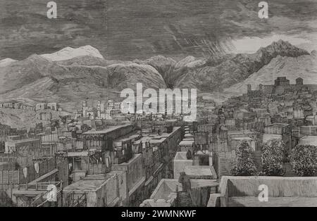 Geschichte Afghanistans. 19. Jahrhundert. Peschawar. Panoramablick auf die Stadt. Gravur von Ovejero. La Ilustración Española y Americana (die spanische und amerikanische Illustration), 1878. Stockfoto