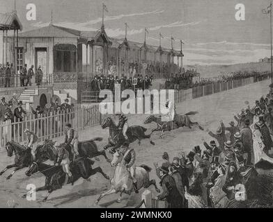 Geschichte Spaniens. Madrid. Pferderennen auf der Hipódromo de la Castellana (Rennbahn La Castellana). Es wurde am 31. Januar 1878 anlässlich der Hochzeit von König Alfonso XII. Und Mercedes von Orléans eingeweiht. Das Rennen vom 12. November 1878, bei dem das Pferd Trovador, im Besitz von Herrn Davies, den Preis des Stadtrates gewann. Gravur von Rico. La Ilustración Española y Americana (die spanische und amerikanische Illustration), 1878. Stockfoto