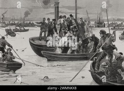 England. Untergang der SS-Prinzessin Alice (3. September 1878). Ein britischer Passagier-Raddampfer, der nach einer Kollision mit der collier SS Bywell Castle an der Themse sank. Mehr als 600 Menschen starben bei dem Unfall, von denen alle mit der „Princess Alice“ reisten, die der Woolwich Steam Packet Company gehörte. Rettungsbemühungen für die Überlebenden und Leichen der 'Prinzessin Alice' in der Themse am Morgen des 4. Gravur von Rico. La Ilustración Española y Americana (die spanische und amerikanische Illustration), 1878. Stockfoto