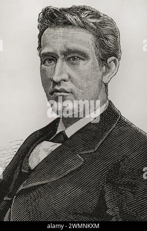 Thomas Alva Edison (1847-1931). Amerikanischer Erfinder. Hochformat. Gravur. La Ilustración Española y Americana (die spanische und amerikanische Illustration), 1878. Stockfoto