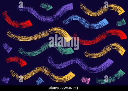 Farbiges Muster mit Pinsel gezeichneter dicker Doodle-Linien. Farbiges Grunge-Banner. Abstraktes Symbol mit Kreide. Tintenspritzer und künstlerische Designelemente. Di Stock Vektor
