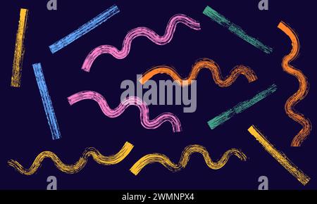 Satz von Pinsel gezeichneten dicken Doodle Squiggles. Farbiges Grunge-Banner für dein Design. Abstraktes Symbol mit Kreide. Tintenspritzer und künstlerische Designelemente Stock Vektor