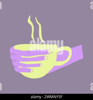 Zeichnung einer Hand mit einer Tasse, in lila, lila und gelb Stock Vektor