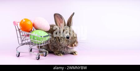 Osterhase mit Eiern im Trolley auf rosa Hintergrund Stockfoto