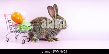 Ein Kaninchen sitzt neben einem Wagen voller Ostereier Stockfoto