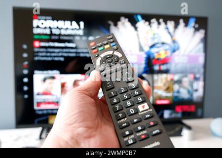 TV-Fernbedienung, Panasonic TV, Streaming TV, Home Entertainment. - 27. Februar 2024 Foto von Andrew Higgins/Thousand Word Media Ltd © Thousand W Stockfoto