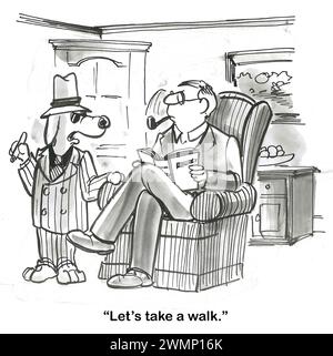 BW-Cartoon eines Mafia-Hundes, der seinem Besitzer sagt: „Let's take a Walk“. Stockfoto