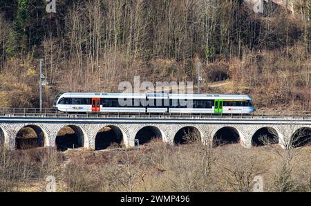 Ein Zug der Firma Thurbo ein Stadler Gelenkstriebwagen GTW fährt auf einem kleinen Viadukt oberhalb des Rheinfalls. (Laufen-Uhwiesen, Schweiz, 03.02.2 Stockfoto