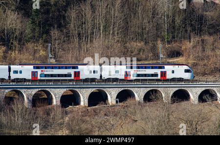 Ein SBB IR-Dosto, SBB Rabe 512, fährt über ein kleines Viadukt oberhalb des Rheinfalls. (Laufen-Uhwiesen, Schweiz, 03.02.2024) Stockfoto