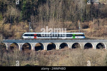 Ein Zug der Firma Thurbo ein Stadler Gelenkstriebwagen GTW fährt auf einem kleinen Viadukt oberhalb des Rheinfalls. (Laufen-Uhwiesen, Schweiz, 03.02.2 Stockfoto