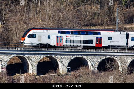 Ein SBB IR-Dosto, SBB Rabe 512, fährt über ein kleines Viadukt oberhalb des Rheinfalls. (Laufen-Uhwiesen, Schweiz, 03.02.2024) Stockfoto